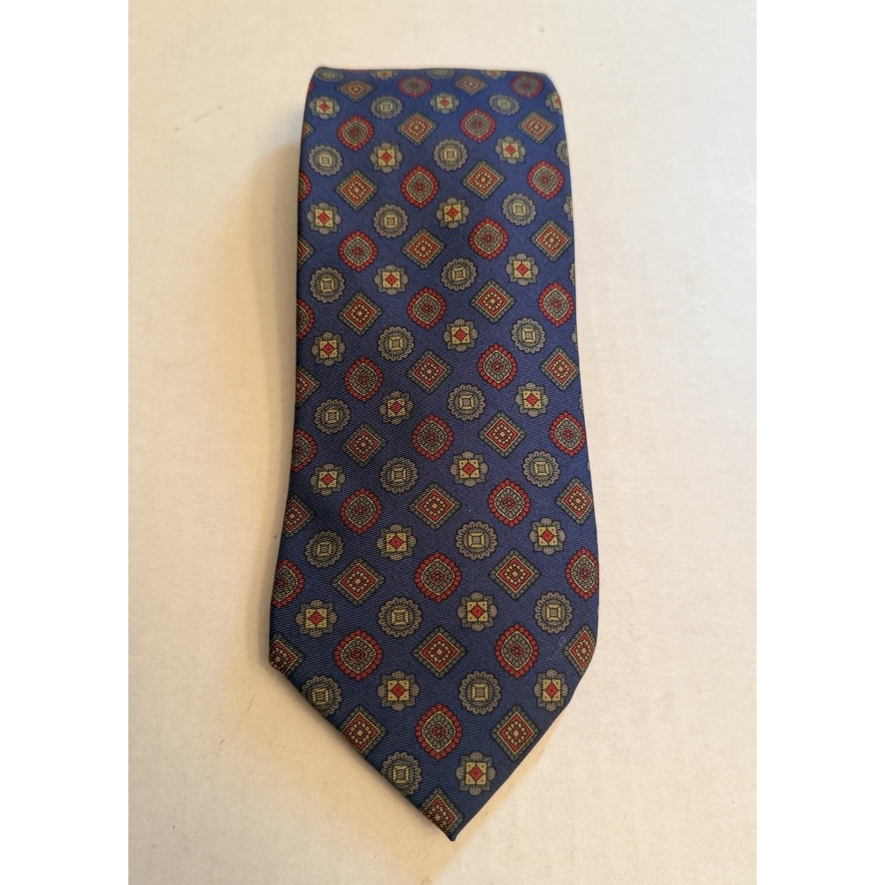 Laurusmiani Milano 100% Silk Necktie Blue Geometric Red Gray Quiet Luxury